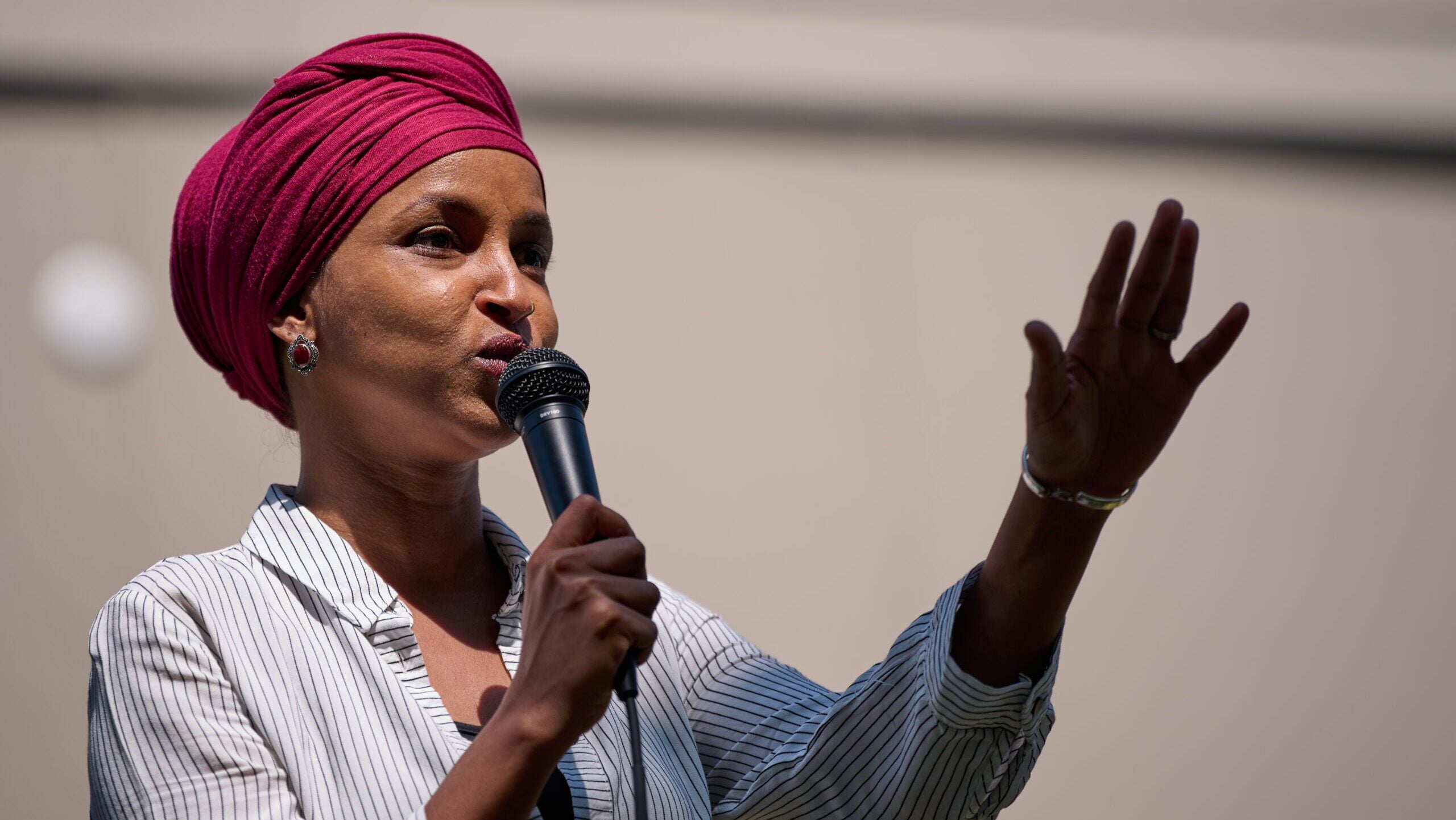 U.S. Representative Ilhan Omar speaking at a campaign rally in Minneapolis, Minnesota.